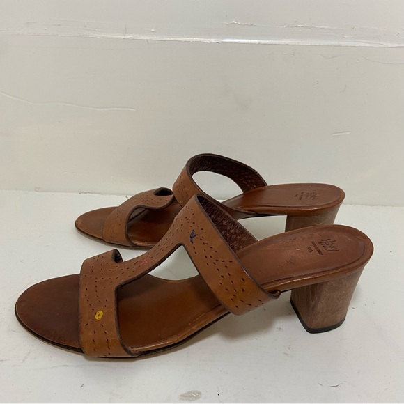 Henry Cuir Womens Brown Laser Cut Heel Leather Sandals Size 39 USA 9 - Picture 3 of 10
